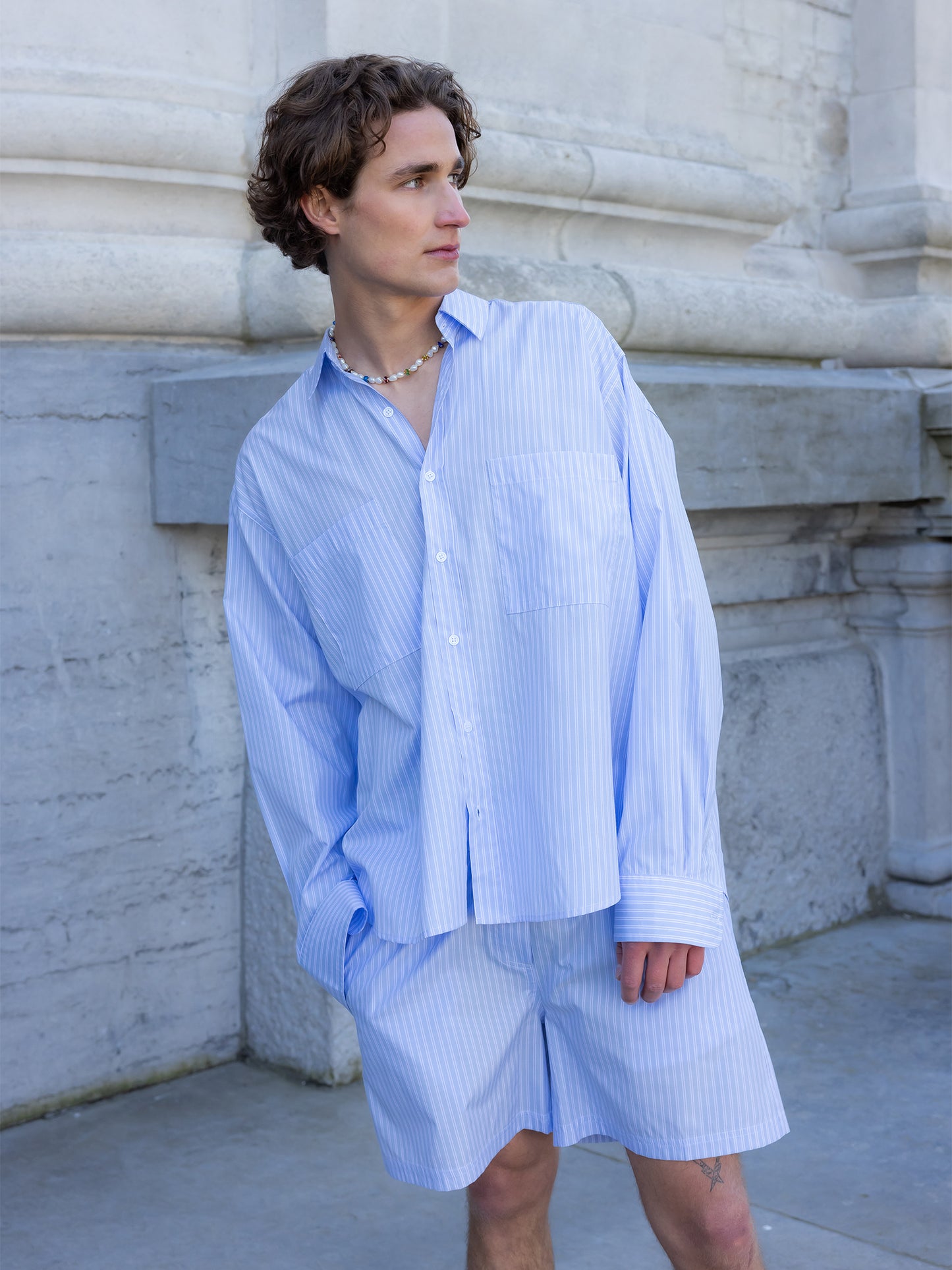 ELASTICATED STRIPED SHORTS LIGHT BLUE