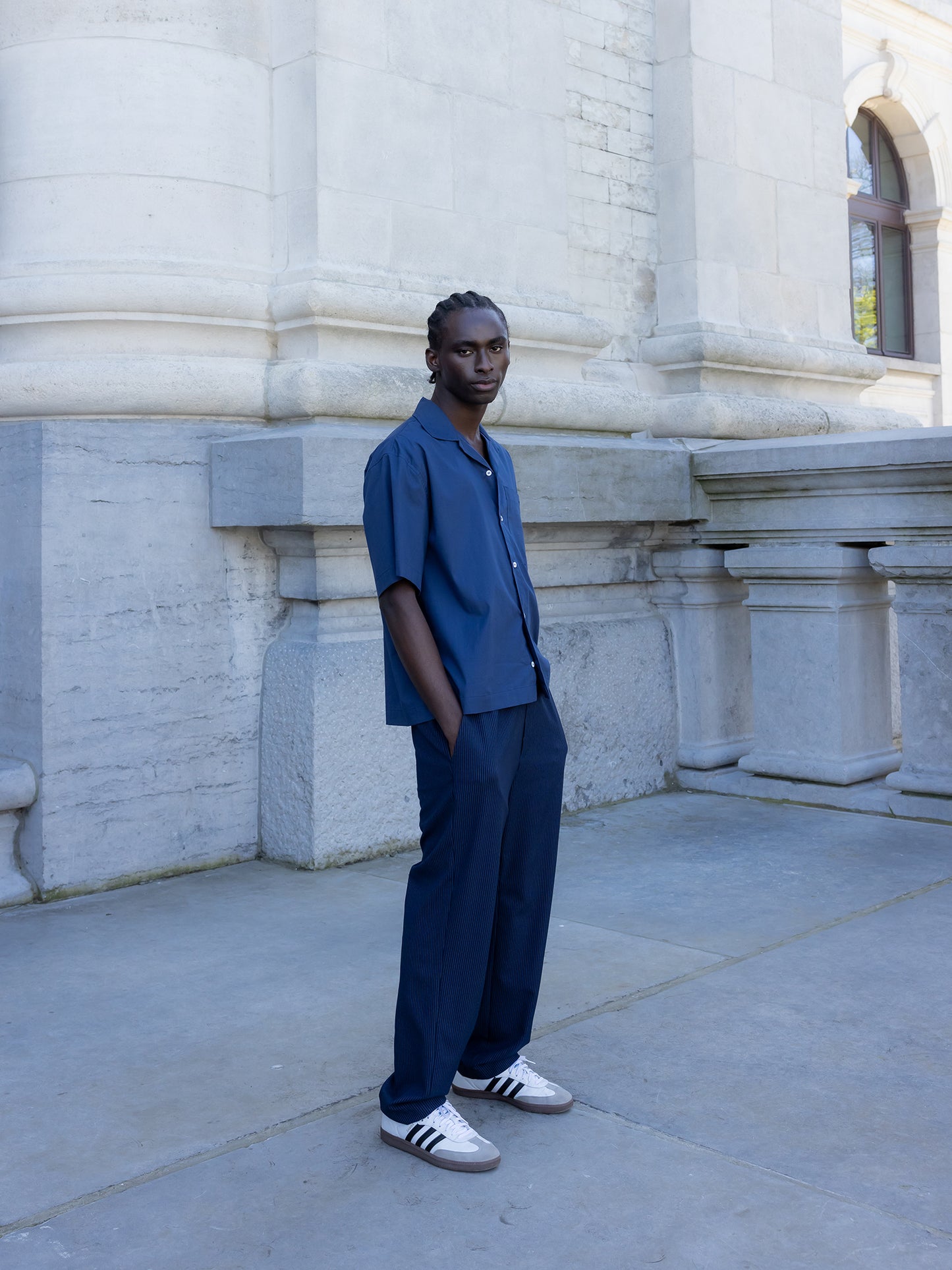STRIPED ELASTICATED TROUSERS BLUE