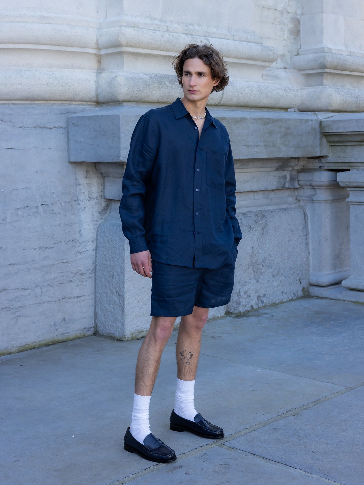 ELASTICATED LINEN SHORTS NAVY BLUE