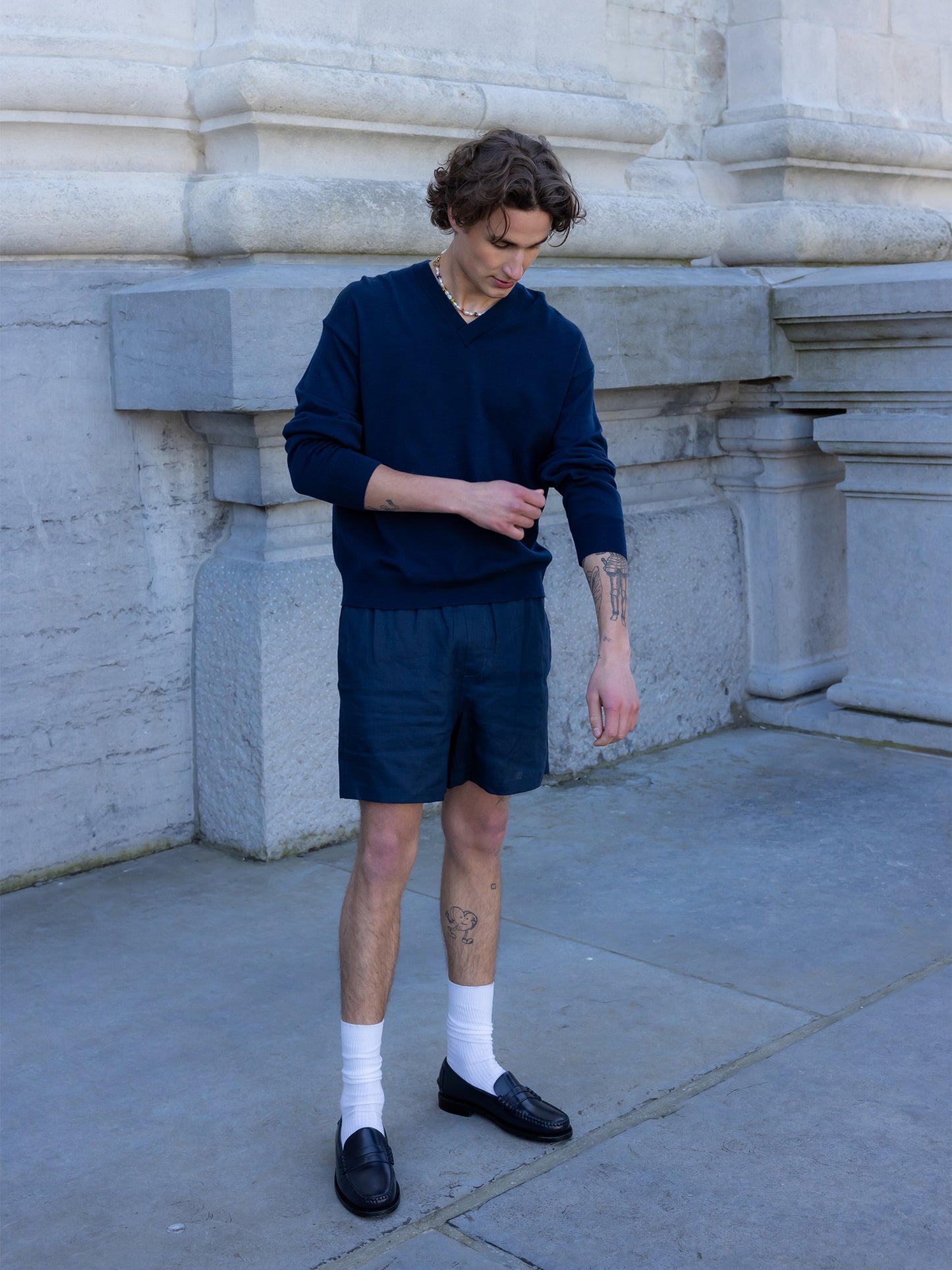 ELASTICATED LINEN SHORTS NAVY BLUE
