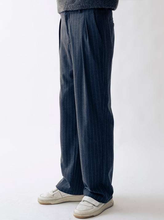 STRIPED WOOL PLEATED TROUSERS GREY