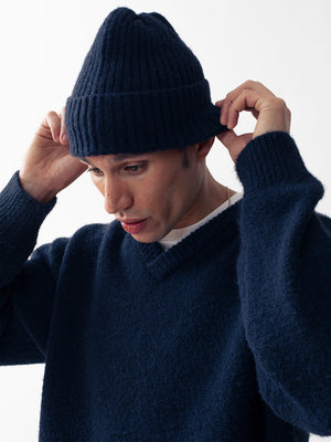 BRUSHED KNITTED BEANIE NAVY BLUE