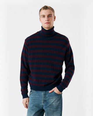 STRIPED MERINO ROLL NECK SWEATER NAVY BLUE / BURGUNDY